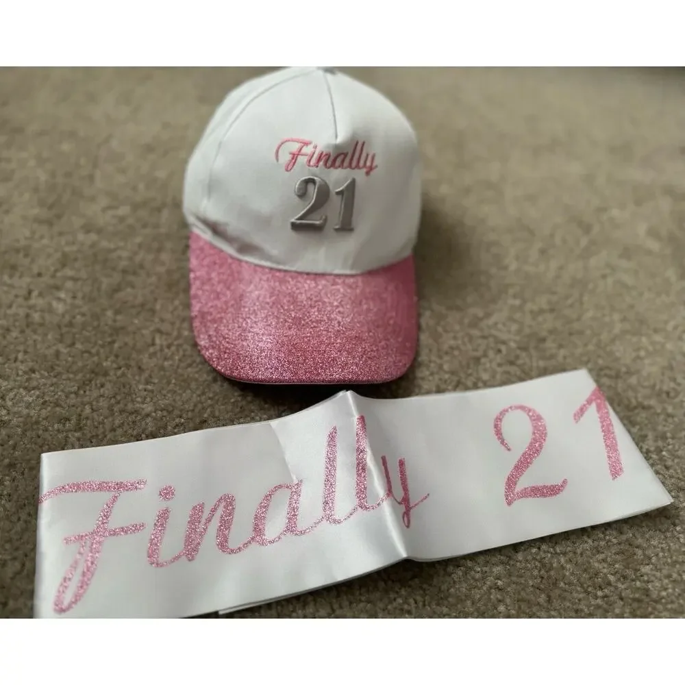 Finally 21 Birthday White/ Sparkling Pink Hood Hat & Sash Set Bundle Brand New